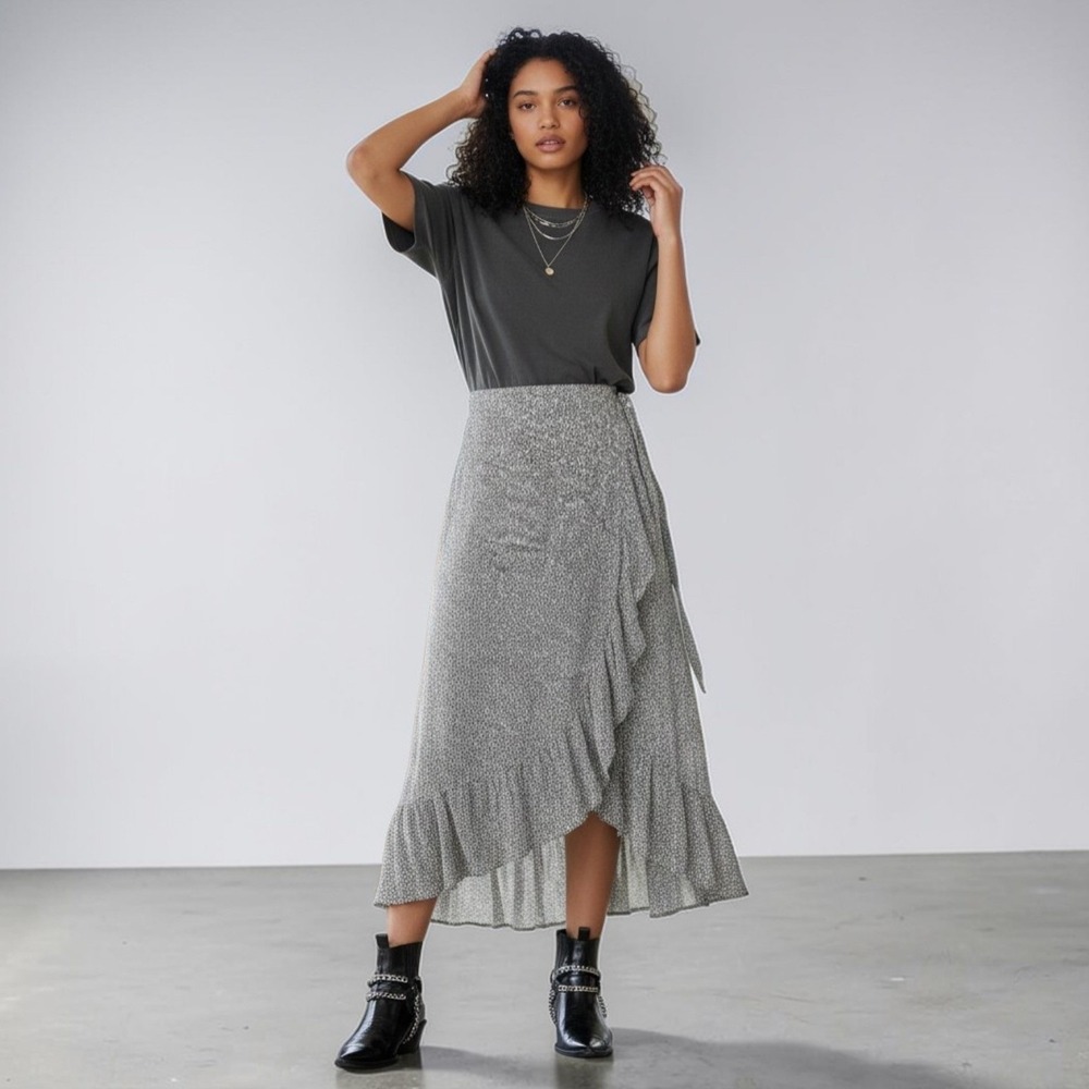 Anine Bing Lucky Wrap‎ Midi Skirt M Ruffle Tie Black White Womens Minimalist